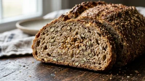 Detailní pohled na strukturu biblického chleba z naklíčených zrn a semínek na dřevěném stole.