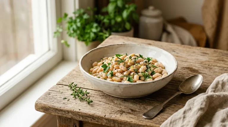 Detailní záběr na bílé fazole v keramické misce na dřevěném stole v kuchyni s měkkým denním světlem.