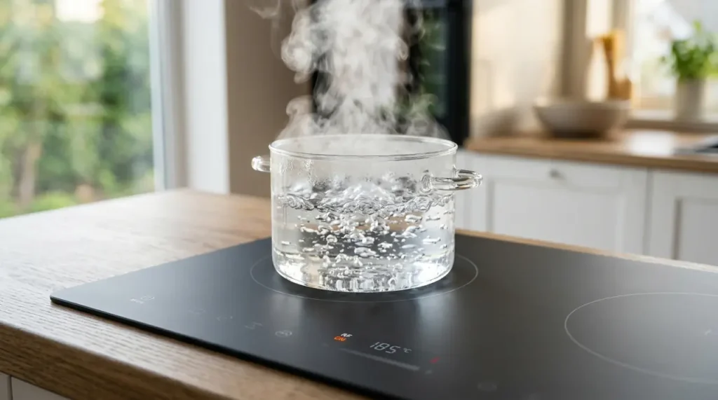 Moderní kuchyňská deska s technologií vysokofrekvenčního ohřevu a průhledným hrncem s vařící se vodou