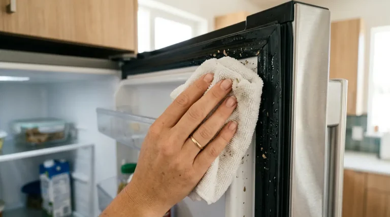 Detailní záběr na čištění pryžového těsnění lednice bílým hadříkem v prosvětlené kuchyni.