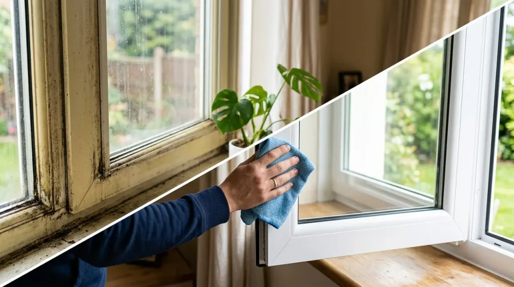 Srovnání zažloutlého a dokonale vyčištěného bílého plastového rámu okna pomocí domácí pasty