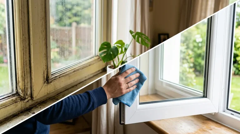 Srovnání zažloutlého a dokonale vyčištěného bílého plastového rámu okna pomocí domácí pasty