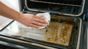 Detailní pohled na čištění skleněných dvířek trouby pastou z jedlé sody, kde se pod nánosem mastnoty odkrývá čistý povrch.