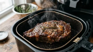 Detailní pohled na šťavnatý hovězí steak s dokonalou krustou připravený v horkovzdušné fritéze.