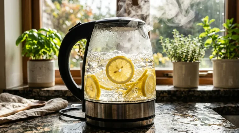 Detailní záběr na skleněnou rychlovarnou konvici s plátky citronu a bublinkami čistícími vodní kámen.