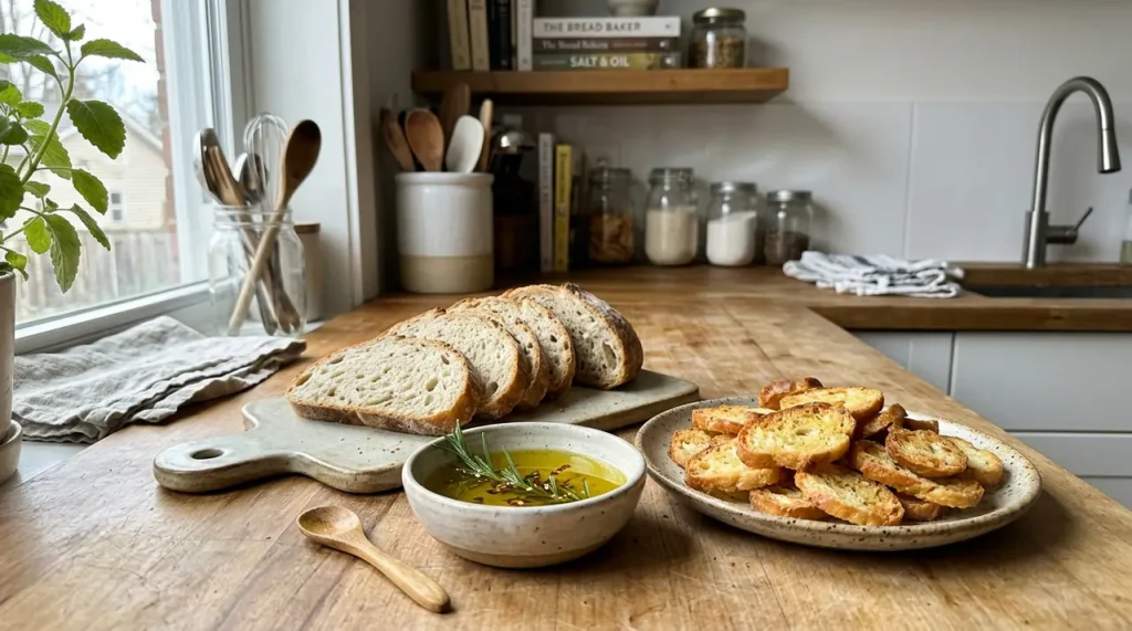 Zlatavé domácí chlebové chipsy z kváskového pečiva podávané na keramickém talíři s čerstvými bylinkami v prosvětlené kuchyni.