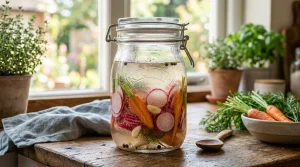 Detailní záběr na sklenici s domácí kvašenou zeleninou, ředkvičkami a mrkví v solném nálevu na prosluněné lince.