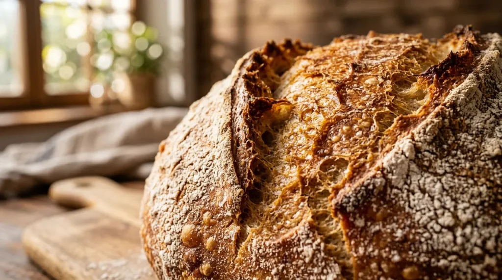 Detailní pohled na křupavou kůrku domácího chleba na dřevěném stole s přirozeným denním světlem.