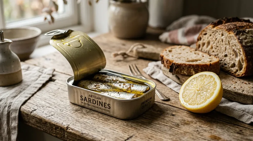 Otevřená konzerva kvalitních sardinek v olivovém oleji na dřevěném prkénku s citronem a kváskovým chlebem v autentickém domácím prostředí.