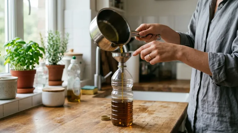 Detailní záběr na přelévání použitého kuchyňského oleje do PET lahve pro recyklaci v české domácnosti.