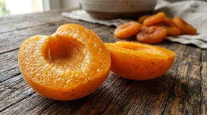 Detailní záběr na rozkrojenou zralou meruňku a sušené plody na dřevěném stole zalitém sluncem.