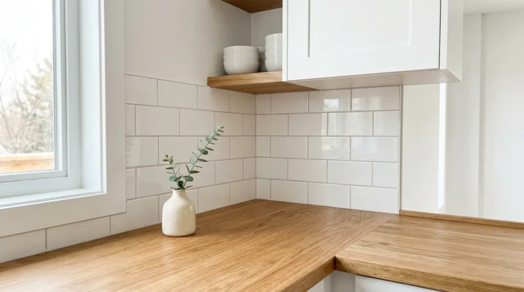 Moderní čistá kuchyňská linka s dřevěnou deskou bez nádobí a spotřebičů v prosvětleném bytě.