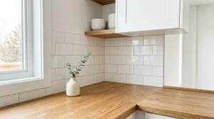 Moderní čistá kuchyňská linka s dřevěnou deskou bez nádobí a spotřebičů v prosvětleném bytě.