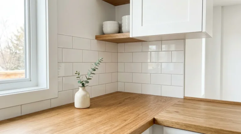 Moderní čistá kuchyňská linka s dřevěnou deskou bez nádobí a spotřebičů v prosvětleném bytě.