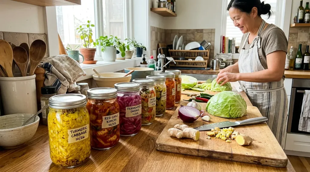 Sklenice s fermentovanou zeleninou, kurkumou a kimchi na moderní kuchyňské lince během přípravy jídla.