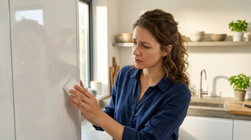Detailní záběr na poškozený povrch moderní kuchyňské linky způsobený nevhodným čištěním melaminovou houbičkou.