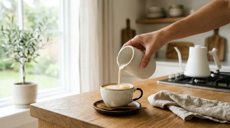Detailní záběr na krémové ovesné mléko tvořící mikropěnu v šálku s kávou v moderní kuchyni.