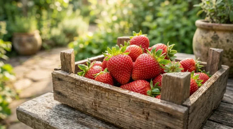 Detailní makro záběr na čerstvé polské jahody v dřevěné bedýnce s kapkami rosy na rustikálním podkladu.
