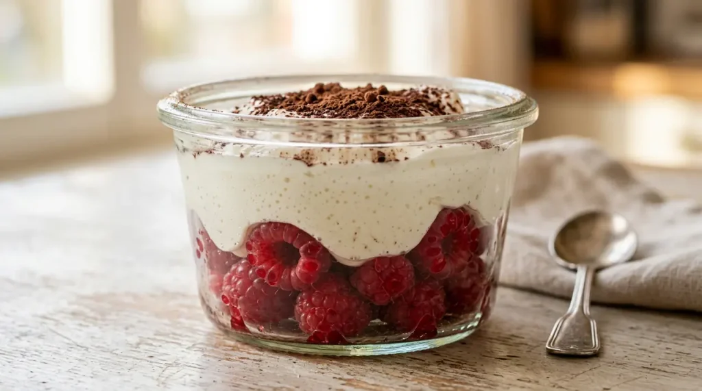 Detailní záběr na nadýchaný krém z mascarpone s malinami a kakaem v dezertní skleničce.