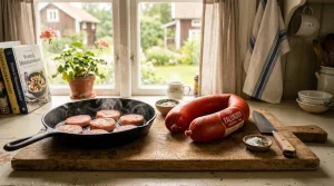 Detailní záběr na tradiční švédskou klobásu falukorv na dřevěném prkénku v prosvětlené kuchyni při přípravě jídla.