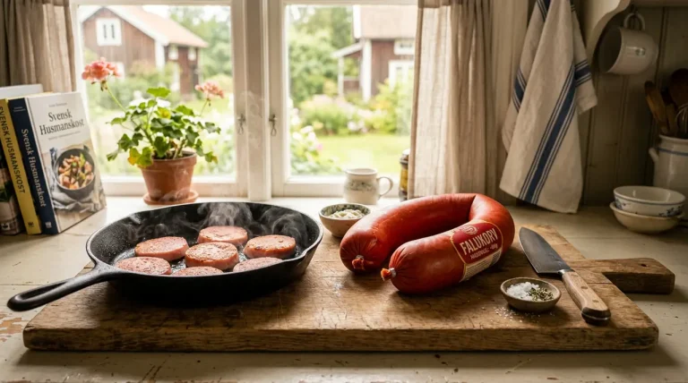 Detailní záběr na tradiční švédskou klobásu falukorv na dřevěném prkénku v prosvětlené kuchyni při přípravě jídla.