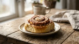 Detailní záběr na čerstvě upečeného švédského skořicového šneka s perlovým cukrem a stoupající párou.