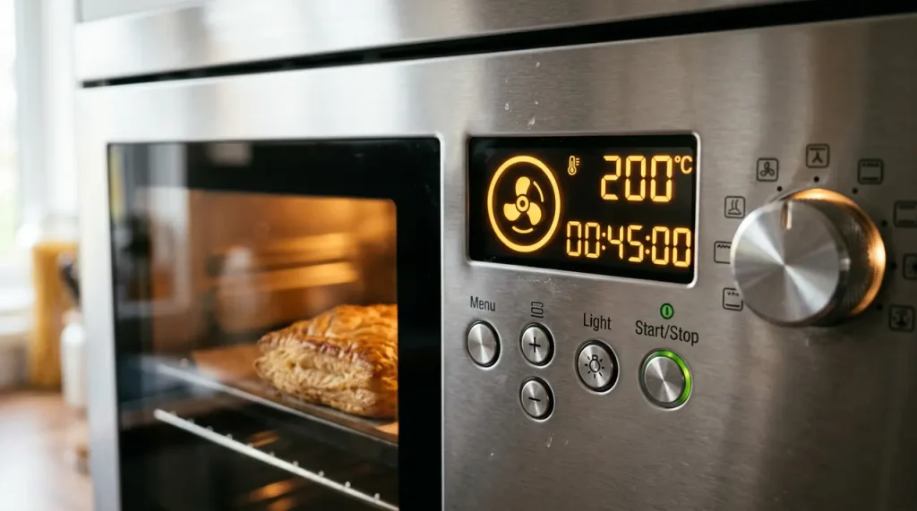 Detailní záběr na ovládací panel moderní trouby se symbolem horkovzduchu v kruhu.