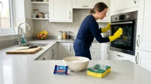 Detail tablety do myčky na kuchyňské lince s miskou vody a houbičkou připravenou na čištění trouby v domácím prostředí.