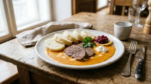 Tradiční česká svíčková na smetaně s hovězím masem, houskovým knedlíkem a brusinkami, podávaná na rustikálním dřevěném stole.