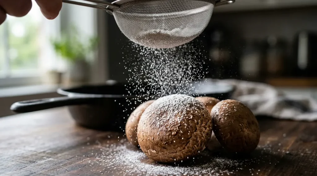 Detailní záběr na sypání škrobu na čerstvé houby před smažením v kuchyni pro křupavý výsledek.