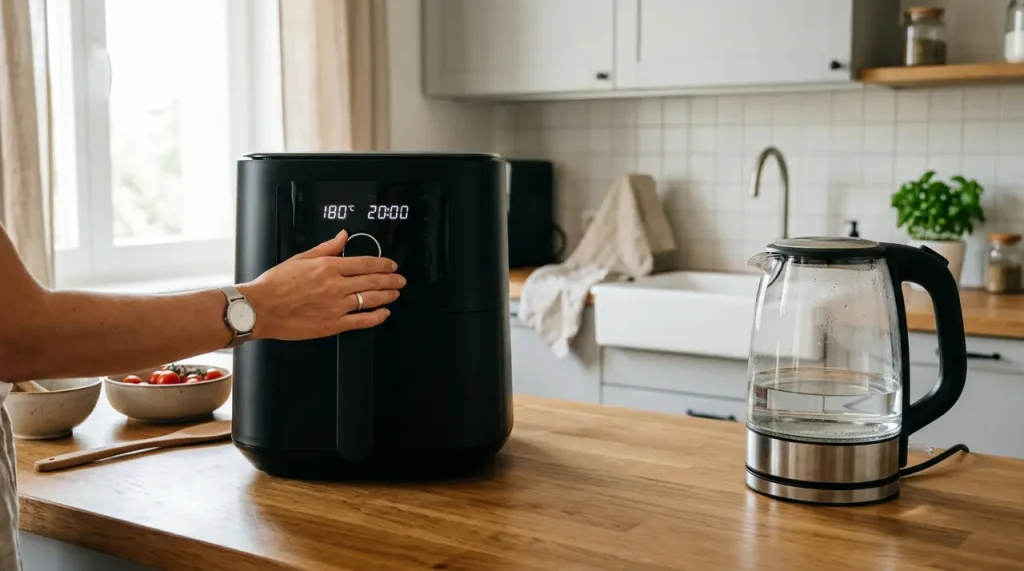 Moderní kuchyně s horkovzdušnou fritézou a úspornými spotřebiči pro snížení nákladů na elektřinu.