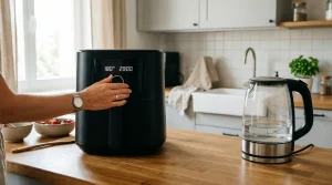 Moderní kuchyně s horkovzdušnou fritézou a úspornými spotřebiči pro snížení nákladů na elektřinu.