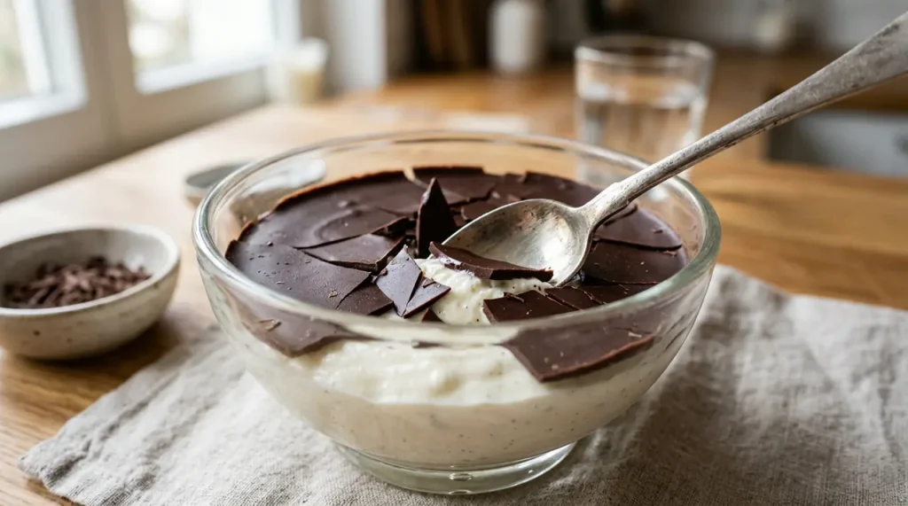 Detailní záběr na lžičku bořící se do čokoládové polevy tvarohového dezertu Míša ve skleničce.